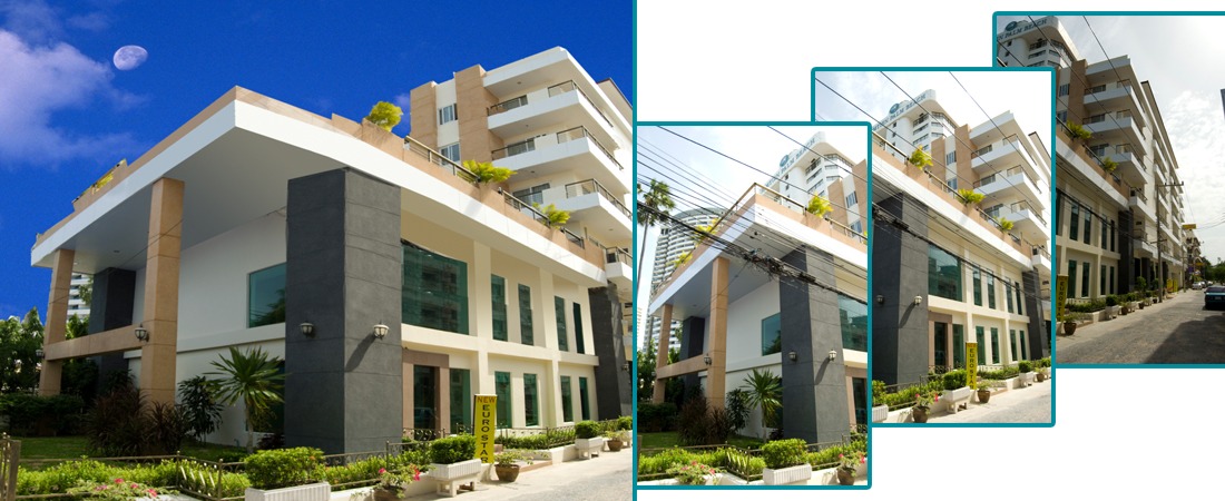 Modern multi-story apartment building with landscaped entrance under a clear blue sky (collage mix of views).