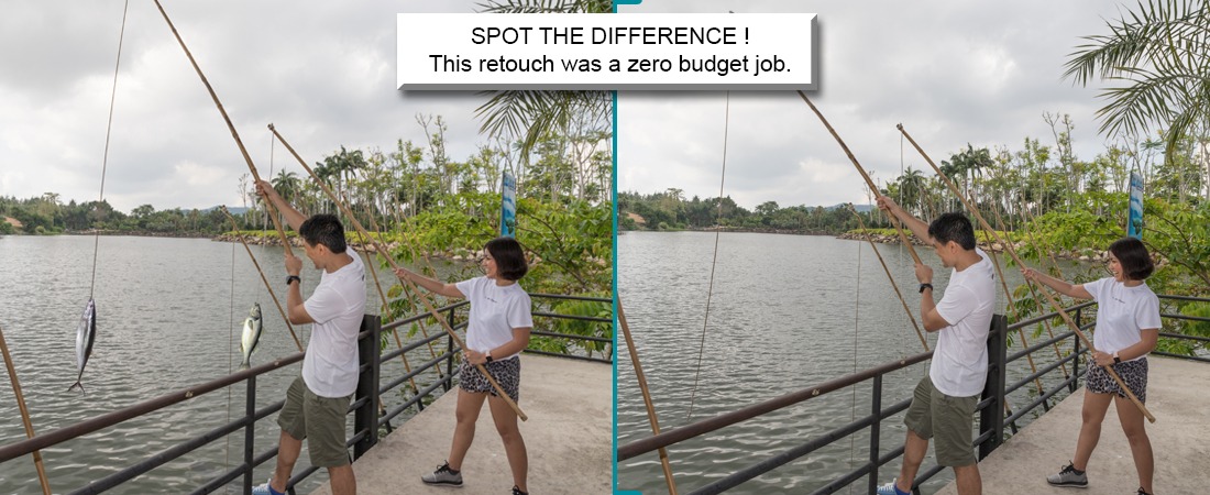 Split image: two people fishing by a railing on a lakeside boardwalk, used as a 'spot the difference' puzzle with a banner at top saying 'SPOT THE DIFFERENCE!'