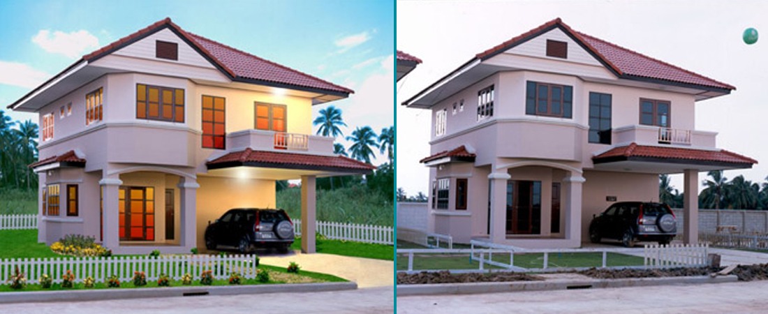 Side-by-side photos of a two-story pink villa with a red-tiled roof, car in the carport, and white picket fence; left image shows daytime with warm interior lights, right image shows a similar view with different lighting and scene elements (ball in the sky).