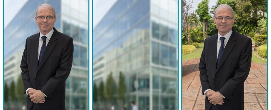 Triple-panel collage of a man in a dark suit and blue tie, standing with hands clasped; left and center show a glass-office building, right shows a sunny garden background.