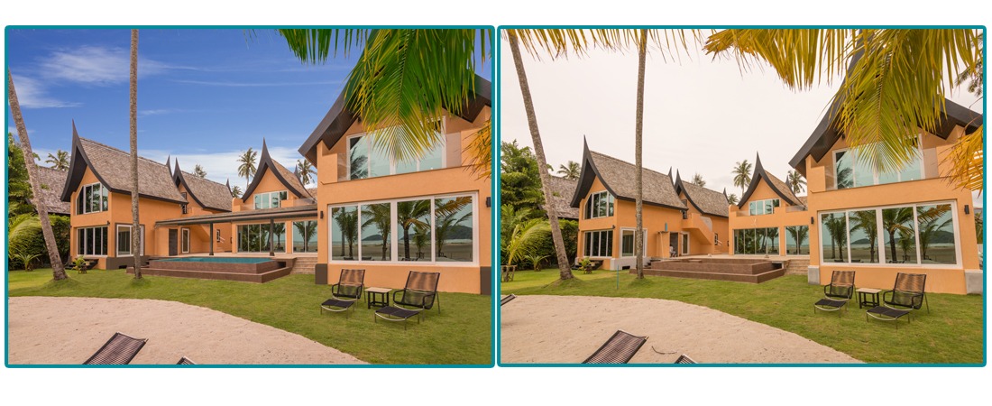 Two side-by-side views of a tropical beachfront villa with orange walls, thatched roofs, palm trees, and lounge chairs on the lawn, near a sandy area. ⚠️
