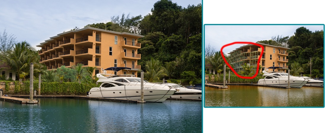 Waterfront view of a beige multi-story building by a marina with several yachts docked and palm trees nearby.