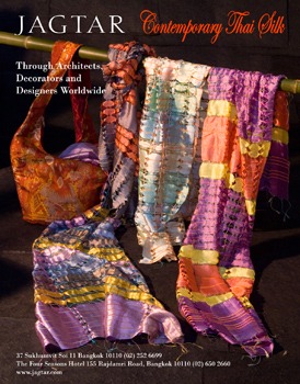 Magazine cover for JAGTAR Contemporary Thai Silks featuring colorful silk fabrics draped over a dark background.